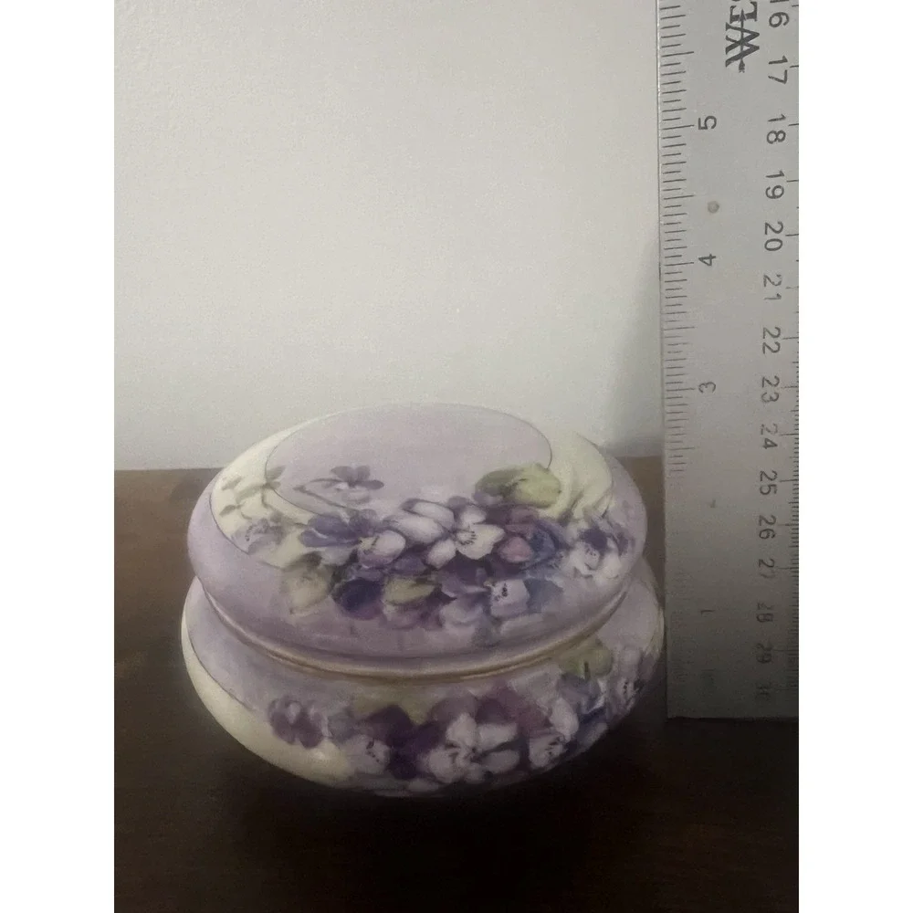 Vintage Hand Painted Porcelain Powder Jar Violet Flowers Gold Trim Vanity Box